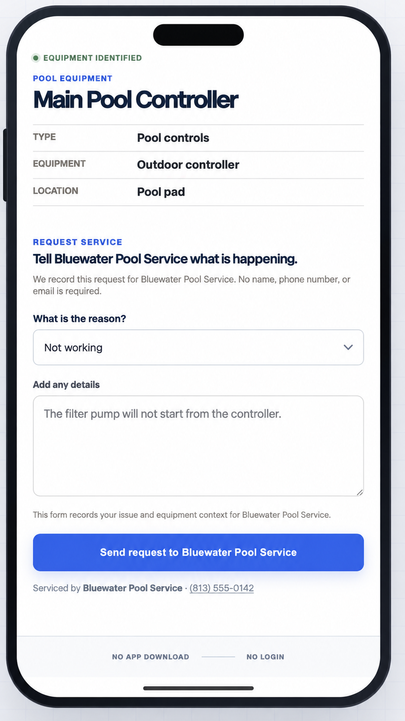 A pool-controller service request shown inside a phone