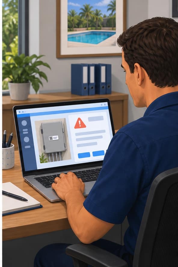 Illustration of a pool-company team member receiving a pool equipment request with the controller and issue identified